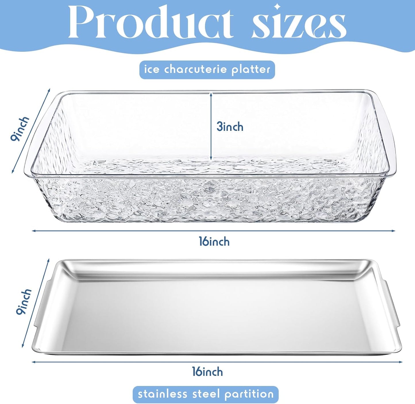 Baderke 3 Set 16" x 9'' Chilled Serving Tray for Parties with Compartments Rectangle Serving Dish Ice Charcuterie Party Platter for Shrimp Fruit Seafood Vegetable Appetizer (Silver)
