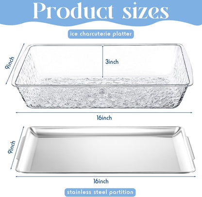 Baderke 3 Set 16" x 9'' Chilled Serving Tray for Parties with Compartments Rectangle Serving Dish Ice Charcuterie Party Platter for Shrimp Fruit Seafood Vegetable Appetizer (Silver)