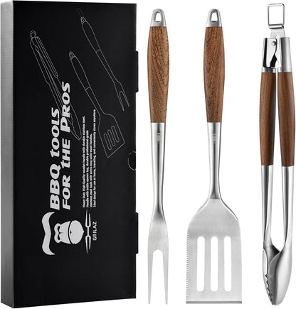 GRILAZ Heavy-Duty Rose Wooden BBQ Grilling Tools Set. Extra Thick Stainless Steel Multi-Function Spatula, Fork & Tongs | Essential Accessories for Barbecue & Grill. Ideal Gift for Father…