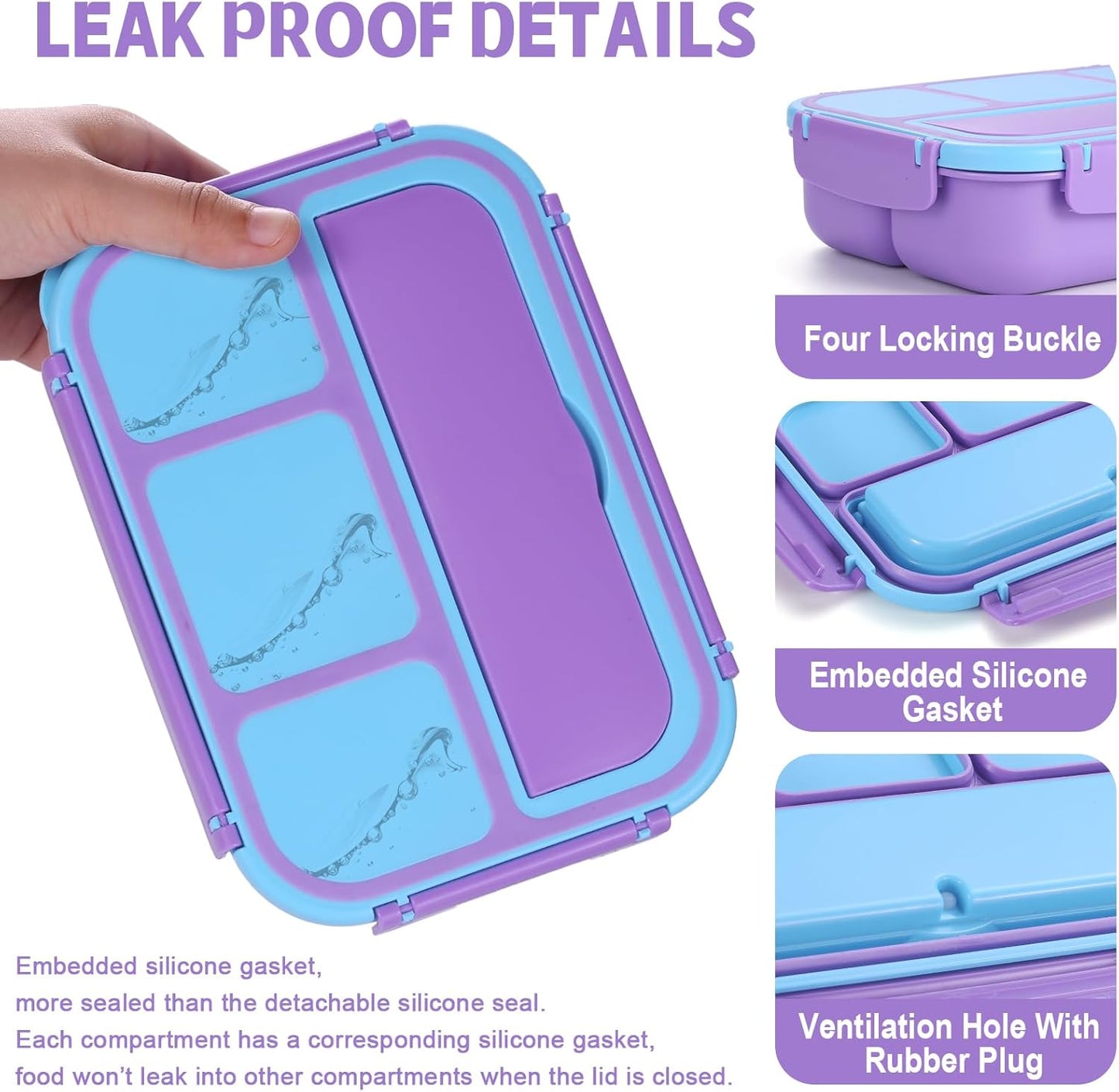Bento Box Adult Lunch Box, Lunch Containers for Kids Girls Boys with 4 Compartments, Lunchable Food Container with Utensils, Sauce Jar, Muffin Liners, 40 Oz/5 Cup, Microwave Safe, Lavender