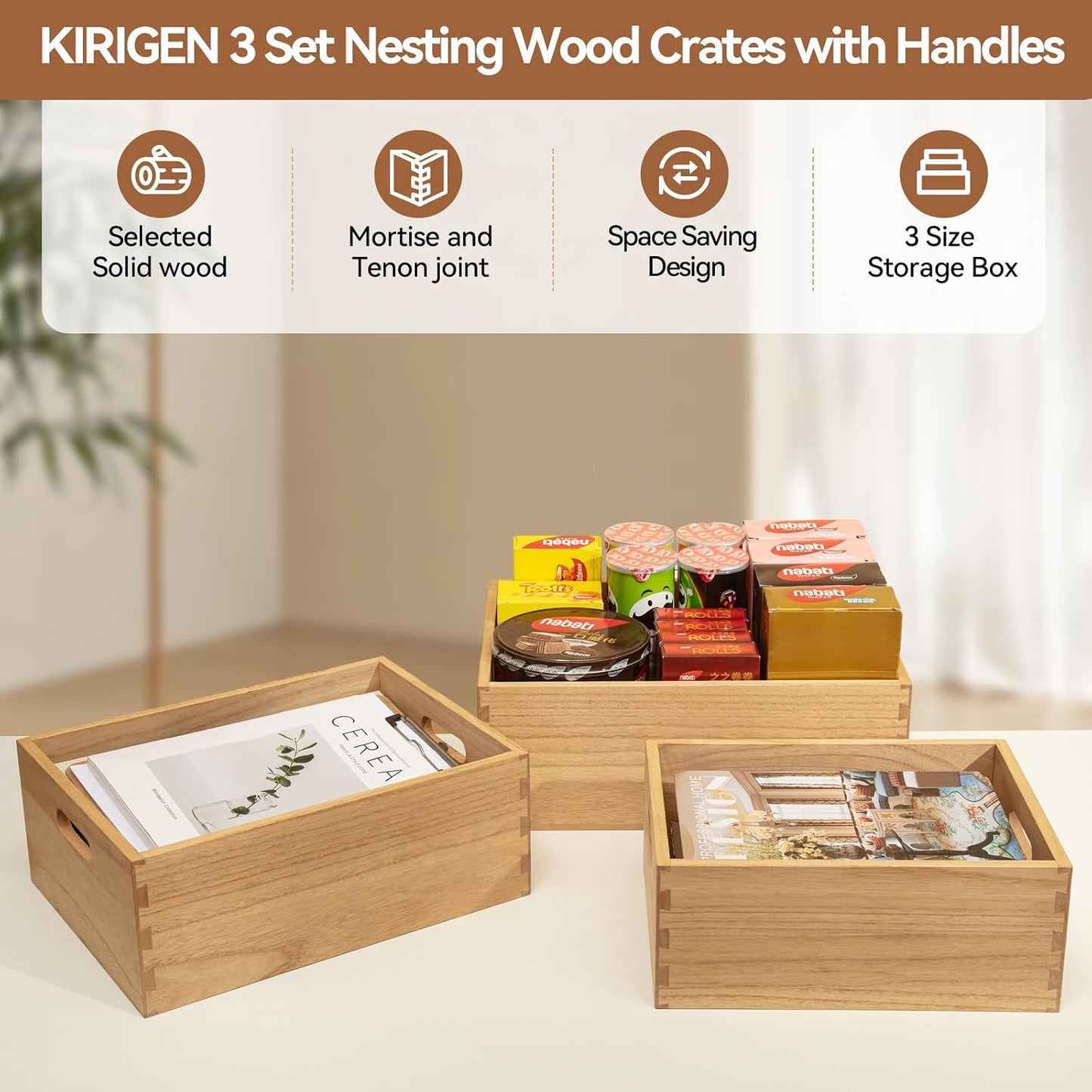 KIRIGEN Nesting Wood Crates with Handles, Set of 3 Storage Boxes Natural | 3 Different Size Decorative Box Organizer for Towels, Books, Crafts Fully Assembled