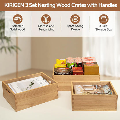 KIRIGEN Nesting Wood Crates with Handles, Set of 3 Storage Boxes Natural | 3 Different Size Decorative Box Organizer for Towels, Books, Crafts Fully Assembled