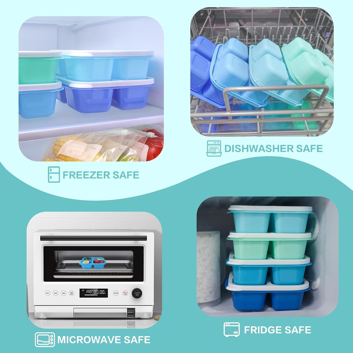 Finorder 6 Pack 4-Compartment Snack Containers, Reusable Food Containers for Kids School, Adults Office, Picnic Trip, Lunch Bento Box Meal Prep Containers (Bright Color Set)
