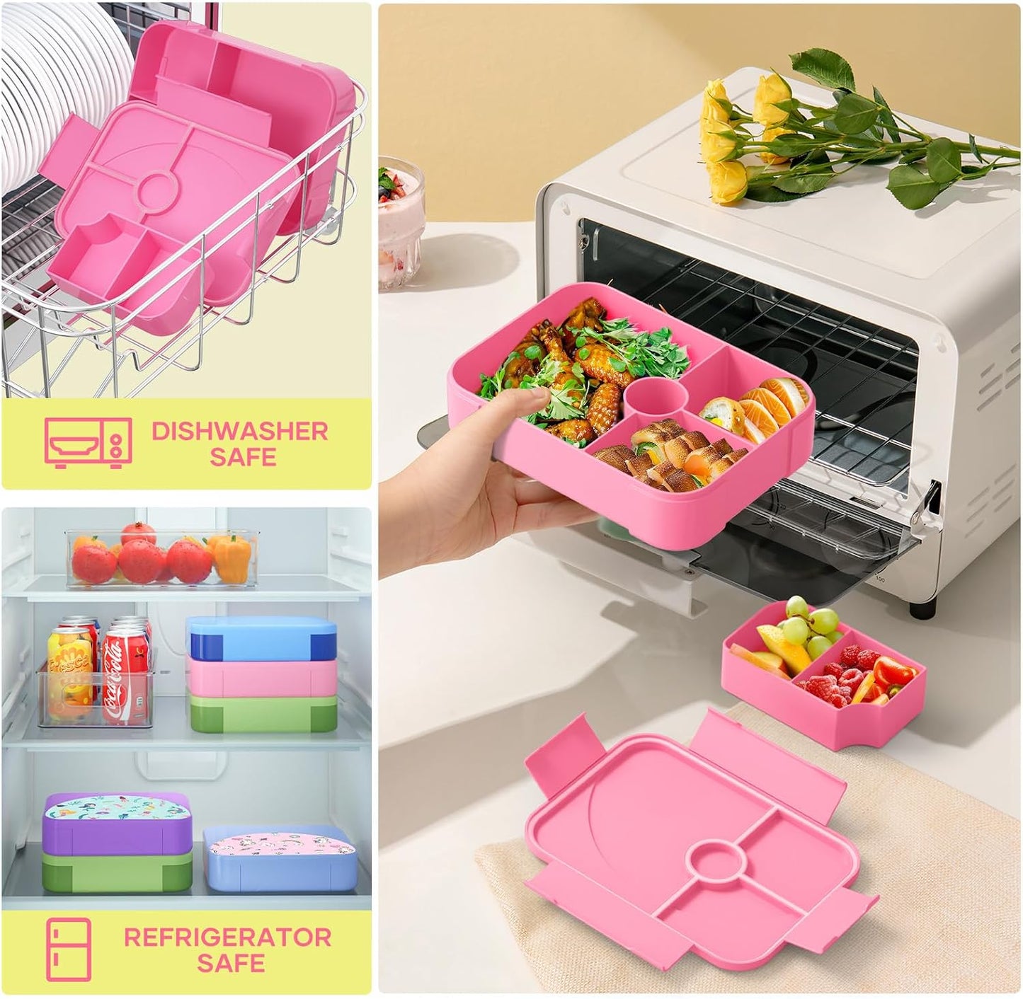 HOMETALL Bento Lunch Box for Kids - Leakproof Bento Box with 6 Compartments Portions Lunchbox for Kids Ages 3 to 7 Back to School, BPA-Free Snack Packing Containers Reusable On-the-Go Meal Prep, Pink