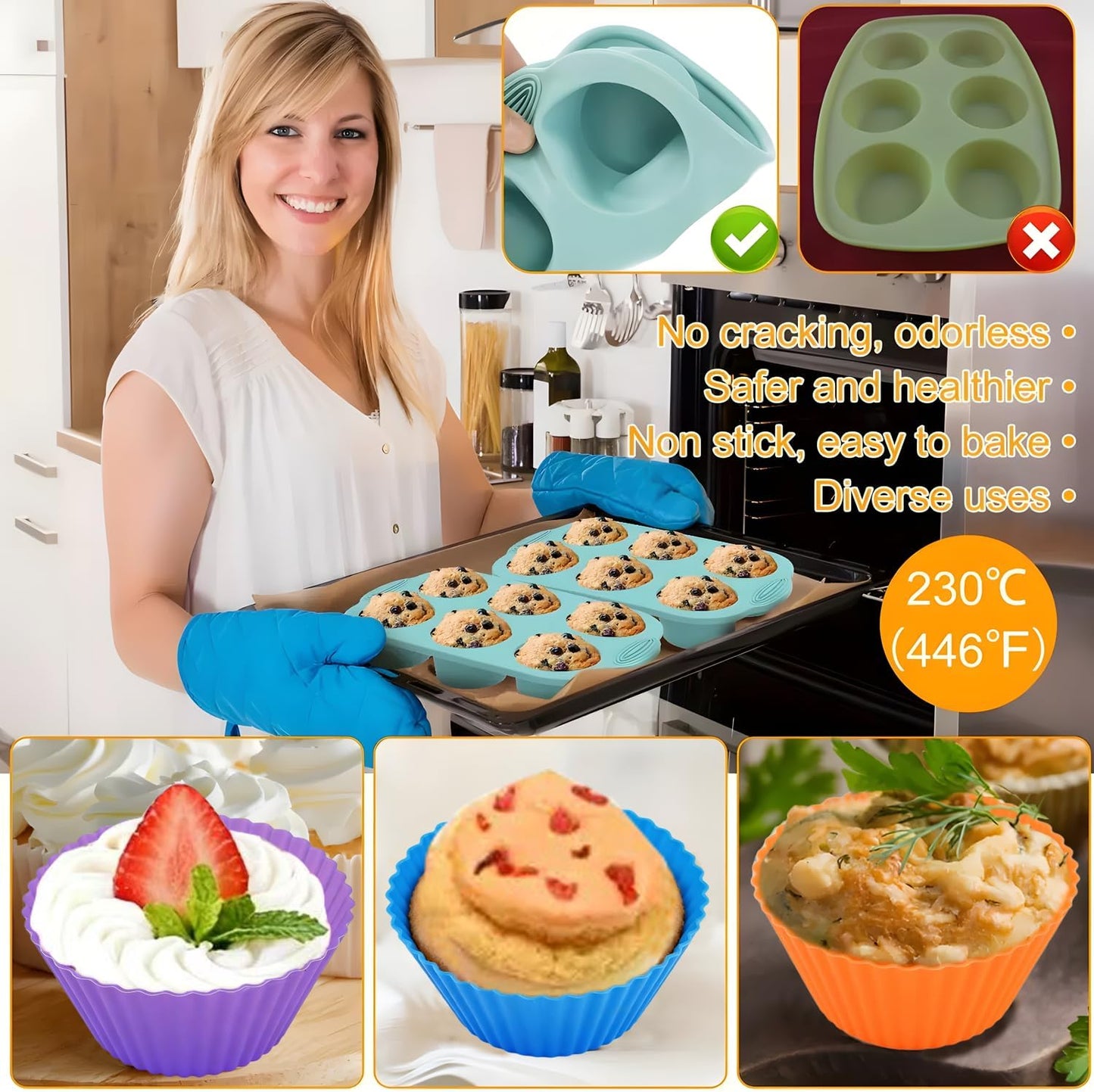 3 Pack 6 Cup Silicone Muffin Pan Set with 18 Reusable Silicone Baking Cups,Nonstick Silicone Cupcake Pan for Baking Muffins,Cupcakes,Easy Release & Dishwasher Safe