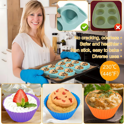 3 Pack 6 Cup Silicone Muffin Pan Set with 18 Reusable Silicone Baking Cups,Nonstick Silicone Cupcake Pan for Baking Muffins,Cupcakes,Easy Release & Dishwasher Safe