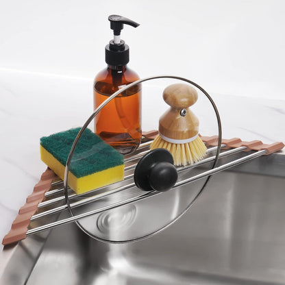 Tomorotec Foldable Stainless Steel Triangle Roll-Up Dish Drying Rack for Small Sink Corners - Over-The-Sink Multipurpose Kitchen Drainer, Rustproof Organizer, Trivet and Shelf - Space-Saving (Black)