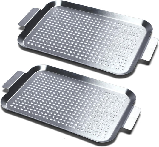 Grill Pan Set of 2, BBQ Grill Topper for Outdoor Grill, Stainless Steel Grilling Baskets with Holes and Handles, Perforated Food Tray Barbecue Accessories for Vegetable, Fish, Meat, Seafood