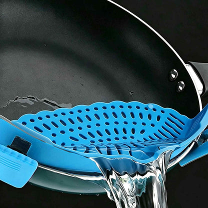 Blue Silicone Clip On Strainer, Universal Pot Colander for Draining Pasta, Vegetables and Kitchen Cooking