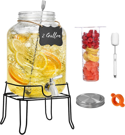 2 Pack1 Gallon Glass Drink Dispensers For Parties,Beverage Dispenser with Stand,304 Stainless Steel Spigot Leakproof,Lemonade Dispenser for Sun Tea, Homemade Juice