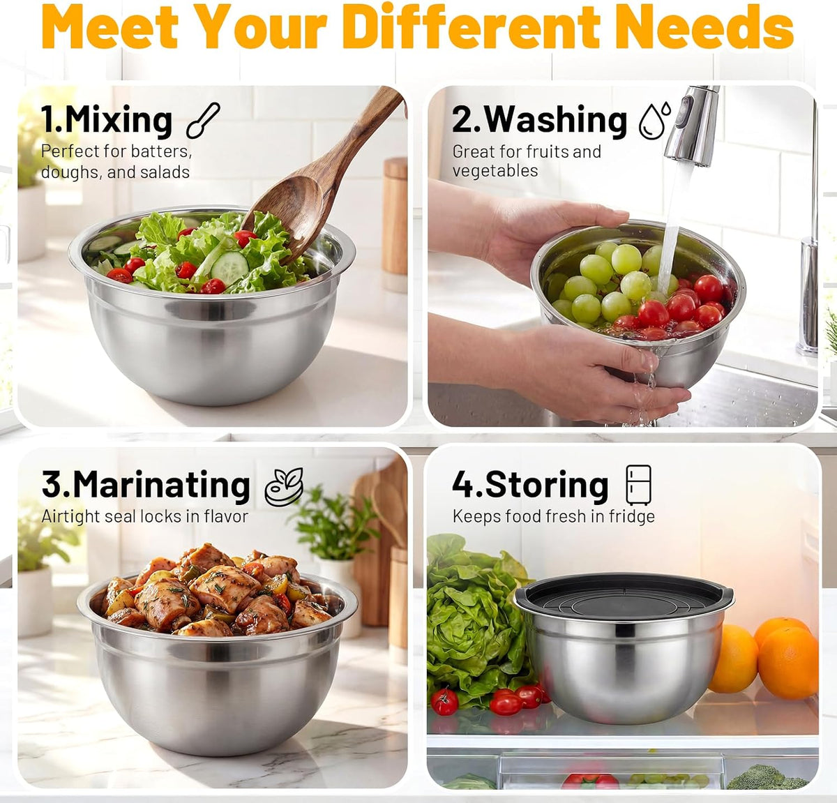 Beasea Stainless Steel Mixing Bowls, 5 Pack 1.5 QT Stackable Nesting Mixing Bowls with Airtight Lids, Metal Bowl with Lid for Baking, Meal Prepping, Salad, Serving, Food Storing