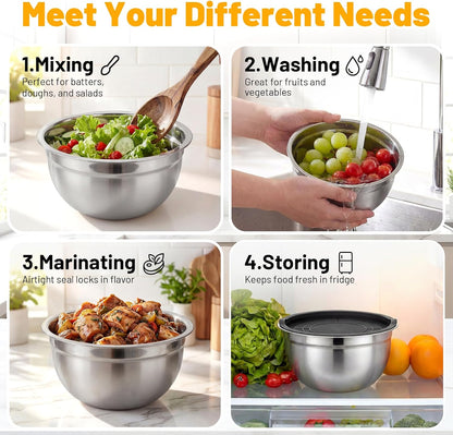 Beasea Stainless Steel Mixing Bowls, 5 Pack 1.5 QT Stackable Nesting Mixing Bowls with Airtight Lids, Metal Bowl with Lid for Baking, Meal Prepping, Salad, Serving, Food Storing