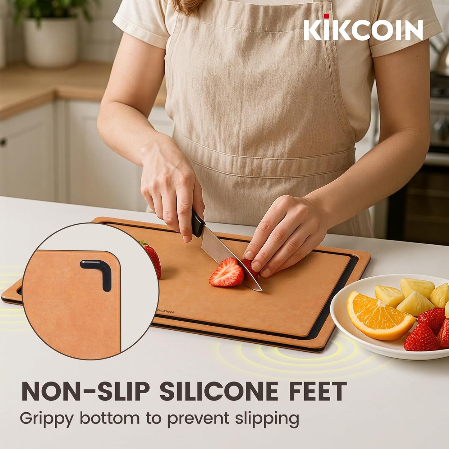 Kikcoin Wood Cutting Board Set of 3, Cutting Boards for Kitchen with Holder Dishwasher Safe Non-slip Chopping Board with Juice Groove, Wood Fiber Composite Cutting Boards