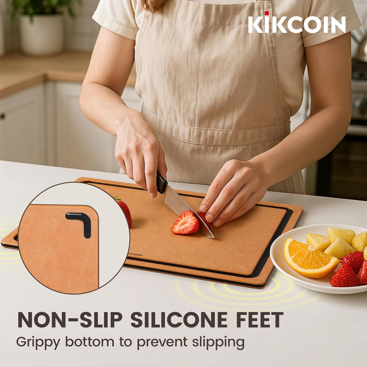 Kikcoin Wood Cutting Board, Cutting Boards for Kitchen Dishwasher Safe Non-slip Chopping Board with Juice Groove, Wood Fiber Composite Cutting Board with Hanging Hole, 14.6"*10.8"