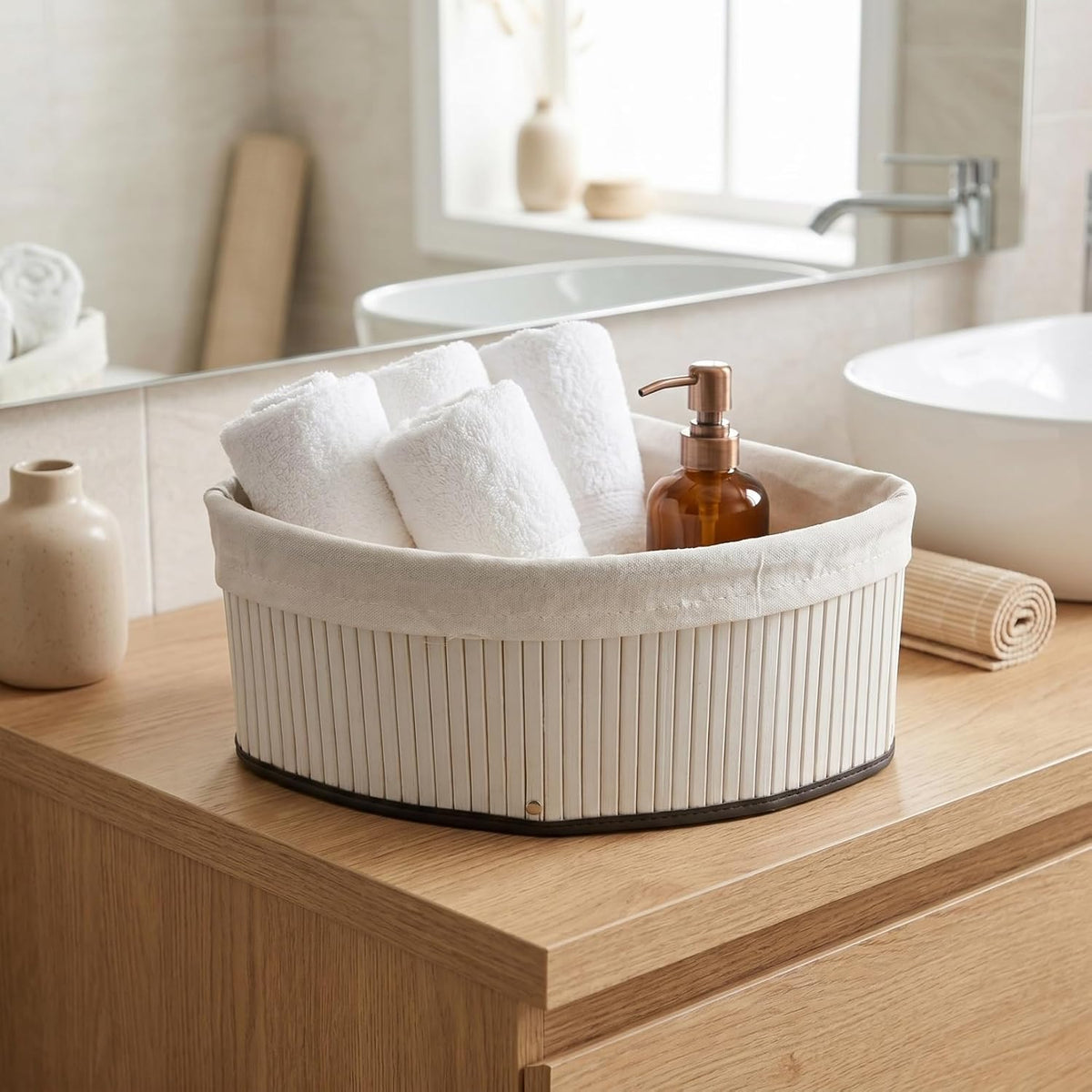 Corner Triangle Storage Basket for Shelves: Bamboo Woven Triangle Storage Bin with Removable Liner, 90 Degree Fan-Shaped Organizer for Kitchen Cabinet, Bathroom, Pantry, Closet, 10x6.3"