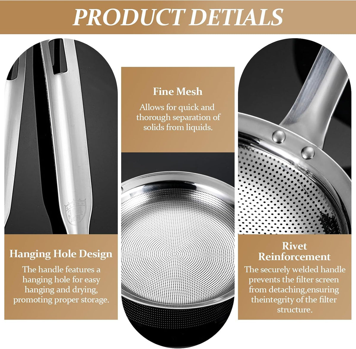2 Pack Fine Mesh Strainer Stainless Steel Kitchen Sieve - Oil Grease Skimmer Spoon with Long Handle, Small Large Food Strainers for Frying Cooking Soup