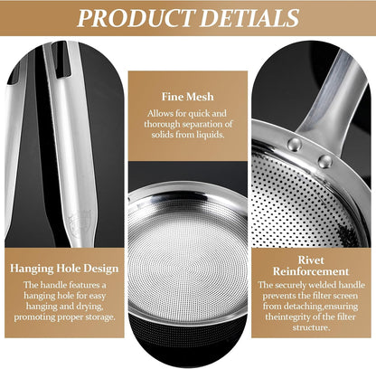 2 Pack Fine Mesh Strainer Stainless Steel Kitchen Sieve - Oil Grease Skimmer Spoon with Long Handle, Small Large Food Strainers for Frying Cooking Soup
