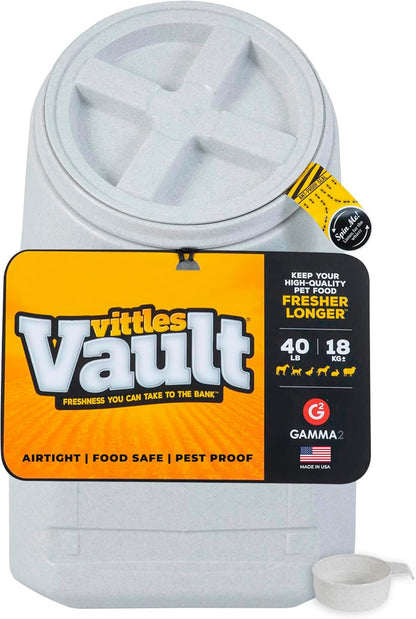 Vittles Vault Traditional Pet Food Storage Container For Dog Kibbles/Bird Seed/Oatmeal/Rice/Flour/Cereal, BPA Free Plastic, Sealed Airtight For Cat Food, Up To 30 lb, Made in USA, With Scoop, Gray