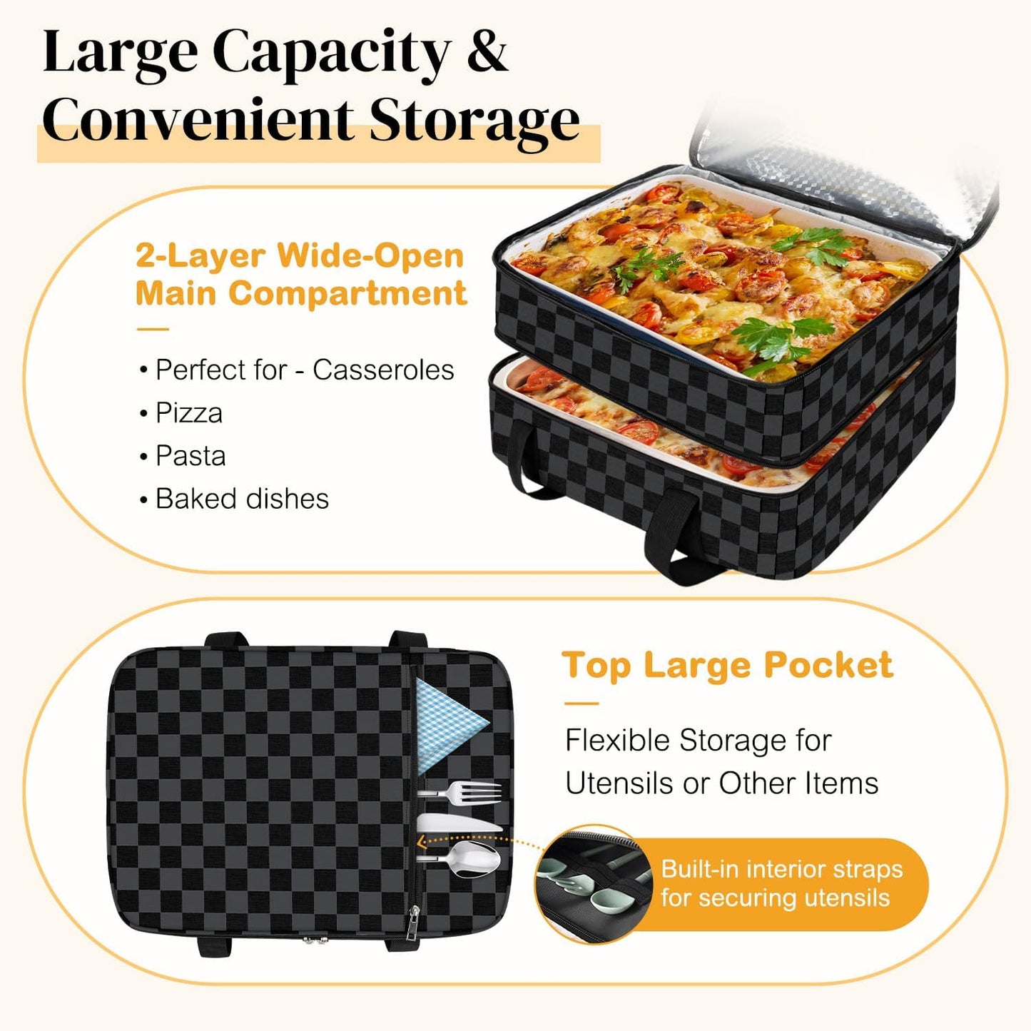 Coobiiya Insulated Casserole Carrier,Lasagna Lugger Tote Keeps Food Hot or Cold,Thermal Lunch Bag Warmer & Cooler Carrier Bag,Portable Tote Bag Fits 9" x 13" Baking Dish for Picnic and Cookout