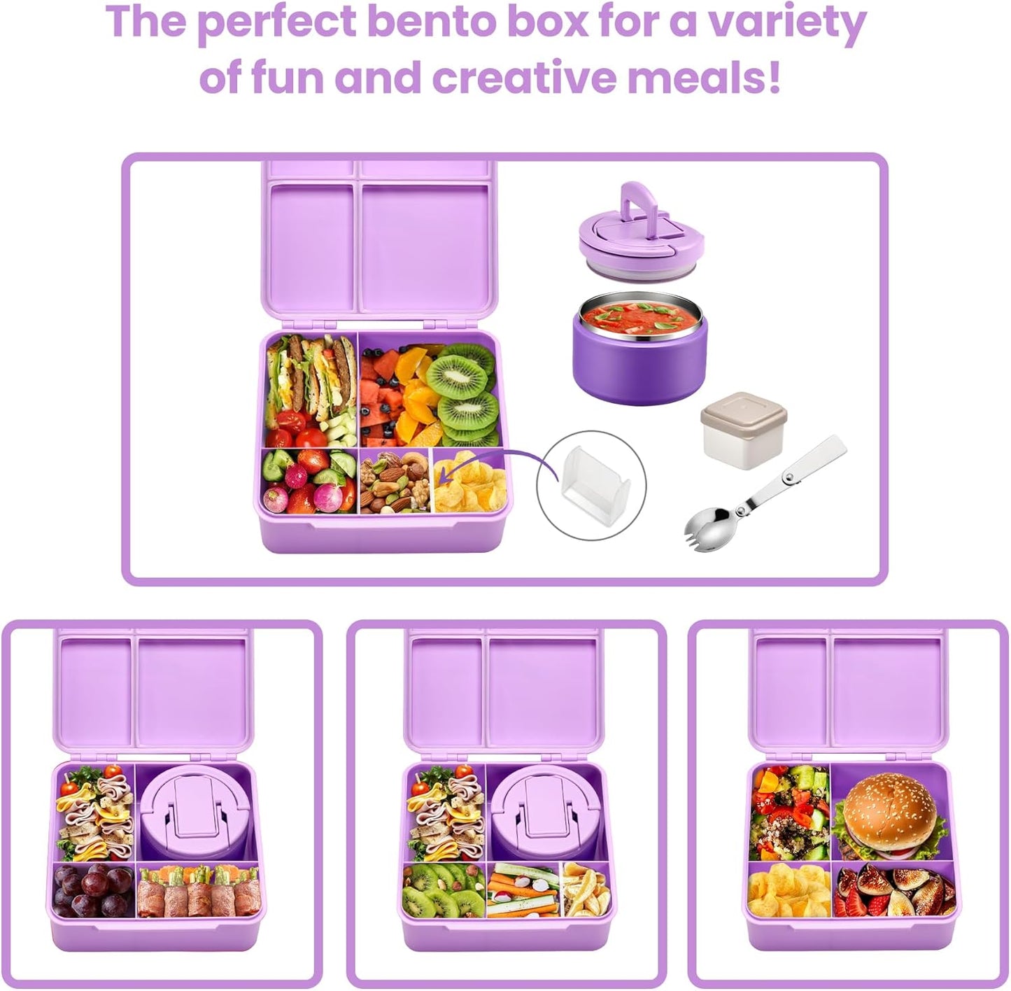 Bento Lunch Box with 8oz Soup Thermo,Kids Leakproof 4 Compartment Lunch Food Containers with Sauce Cup and Ice Pack,Kids Thermo Insulated Hot Food Jar and Lunch Bag for School,Trvael-Black