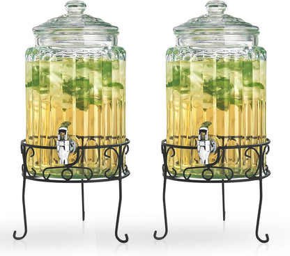 2 PACK 1.5 Gallon Drink dispenser, Glass Beverage Dispenser With Elegant Stand Stand, Drink Dispensers for Parties With Spigot 100% Leakproof. Perfect For Parties And Daily Use