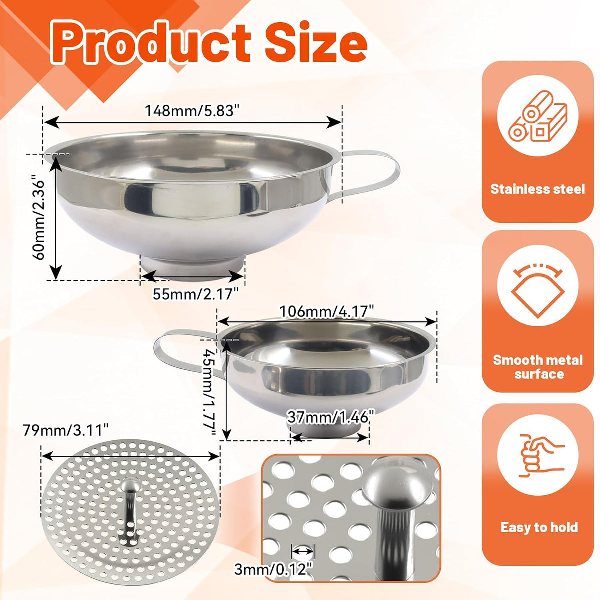 Biaungdo Canning Funnel with Strainer, 3 Pcs Wide Mouth Jar Funnels Set