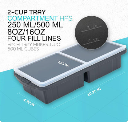 Silicone Freezer Tray With Lid-Soup Freezer Container molds-Large Ice Cube Tray Set Makes 1-Cup & 2-Cup portions cubes Perfect for preparing meals in different portion sizes Oven & Dishwasher -Safe