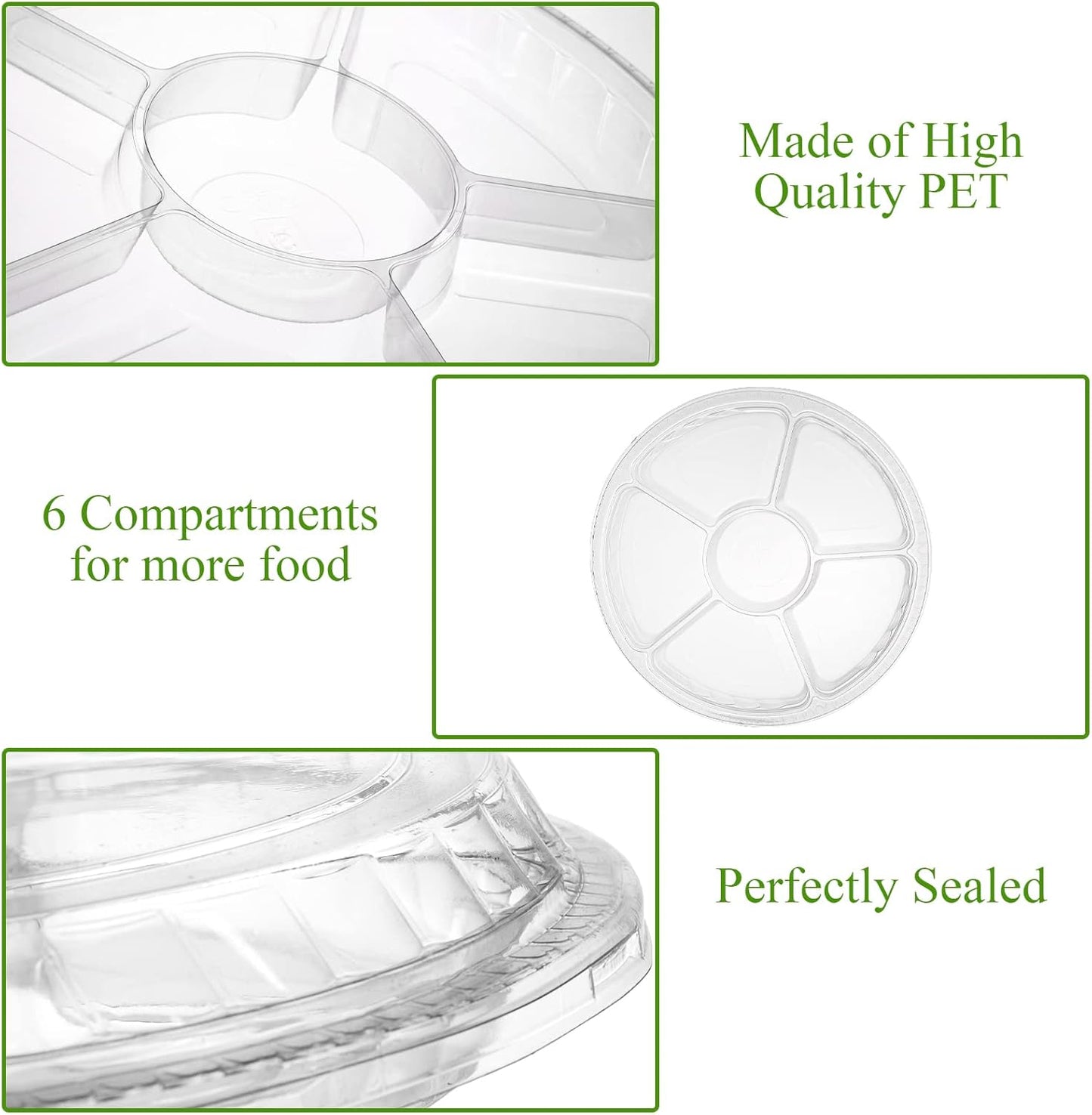 Lawei 30 Pack Plastic Appetizer Tray with Clear Lid, Stackable Round Serving Party Tray, 12 In Banquet Catering Fruit Vegetable Trays, Reusable 6 Divided Food Snack Dip Platter for Outdoor Buffet