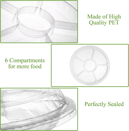 Lawei 30 Pack Plastic Appetizer Tray with Clear Lid, Stackable Round Serving Party Tray, 12 In Banquet Catering Fruit Vegetable Trays, Reusable 6 Divided Food Snack Dip Platter for Outdoor Buffet
