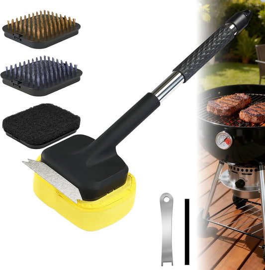 5 Pcs Bristle Free Grill Brush, Grill Cleaning Kit 20.47" Long Handle & Scraper & Replaceable Heads, Safe Grill Brush for Outdoor Grill for Any Grates Type, Grilling Gifts for Men Dad