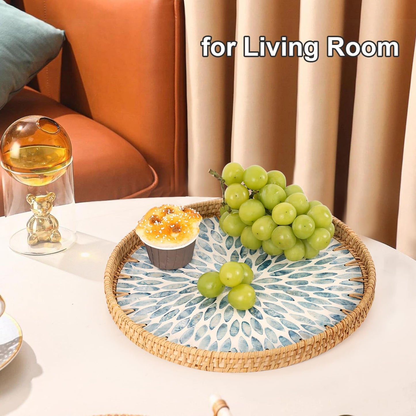 Round Rattan Tray with Mother of Pearl Inlay, Rattan Serving Tray for Coffee, Bread, Fruits, Decorative Wicker Tray for Table Decor, Home Decor, Kitchen Island Decor(Black Checkerboard, 11.8")