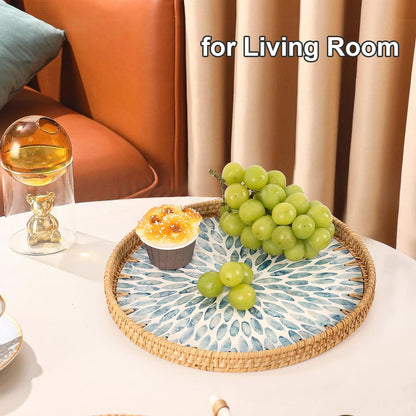 Round Rattan Tray with Mother of Pearl Inlay, Rattan Serving Tray for Coffee, Bread, Fruits, Decorative Wicker Tray for Table Decor, Home Decor, Kitchen Island Decor(Black Checkerboard, 11.8")