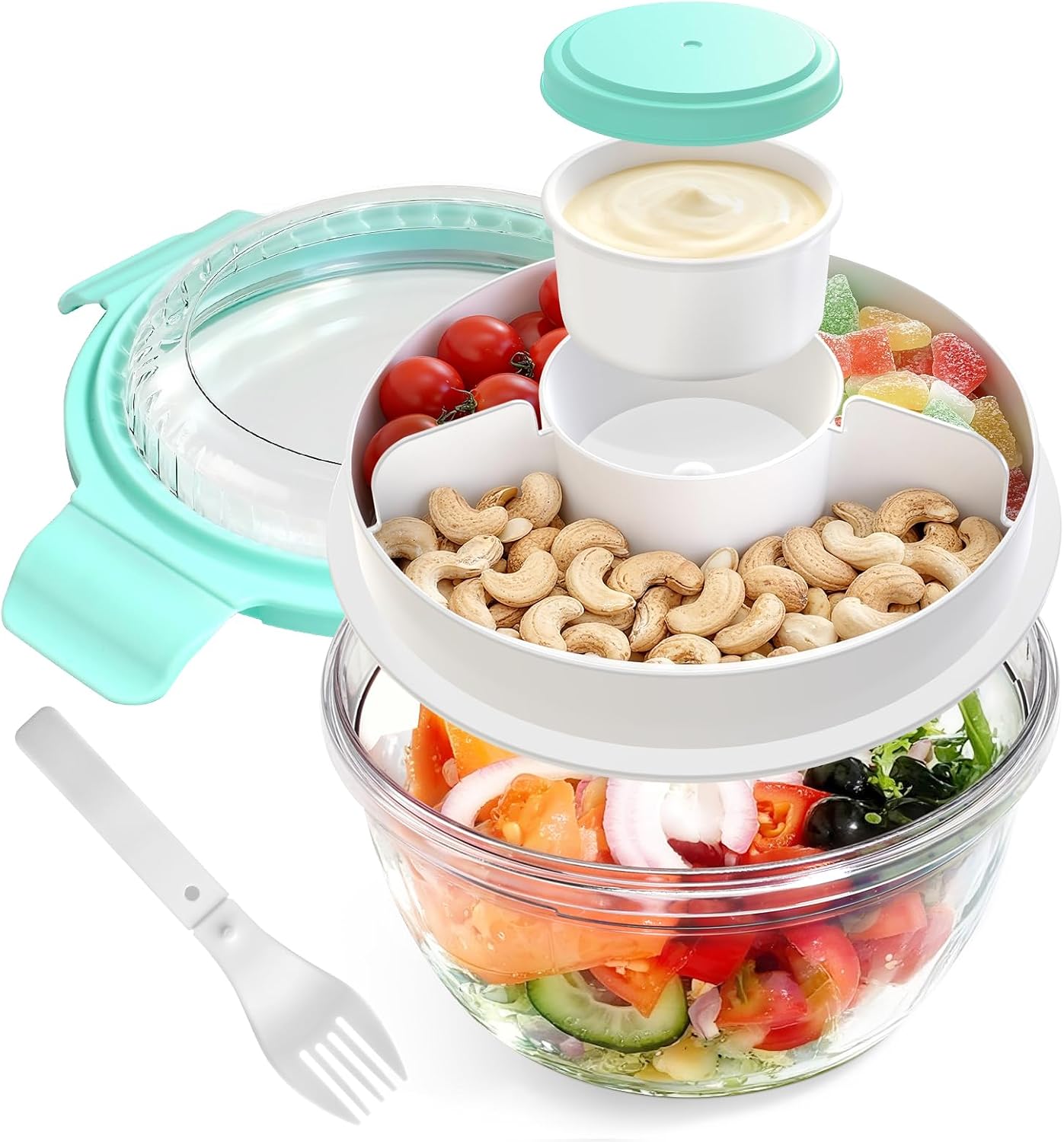 WHALEHOUSE Clear Eco-friendly SK chemicals ECOZEN Salad Container, 33OZ Portable Plastic Salad Bowls with Lid & Snack Tray, Leak-Proof Dressing Container, Reusable Fork, Lunch Box for Meal Prep (Pink)