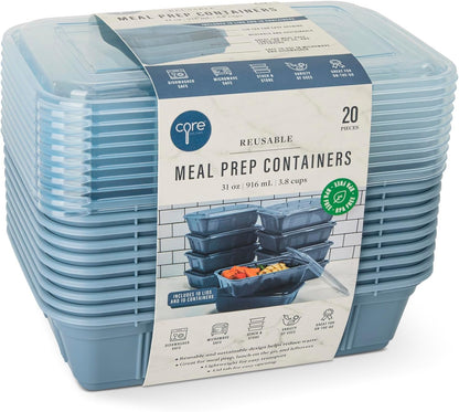 Core Kitchen Reusable Meal Prep Containers – 20-Piece Set (10 Containers & 10 Lids) – 31 oz BPA-Free – Microwave, Freezer & Dishwasher Safe