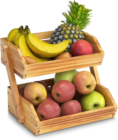 G.a HOMEFAVOR Large Bamboo Fruit Basket, 2-Tier Fruit Bowl for Kitchen Counter, Vegetable Storage Stand for Fruit Shop, 15 mm Thickness (Self-assembly)