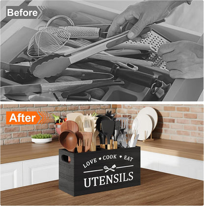Acacia Wood Utensil Holder for Party, Paper Plate and Utensil Holder Caddy for Countertop, Kitchen Silverware Organizer Dispenser for Spoon, Napkin, Cup, Cutlery Holders for Outdoor, Camping, Picnic