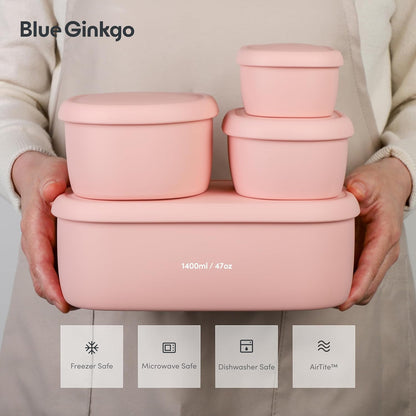 BLUE GINKGO Nesting Silicone Containers - Set of 3 Hard-Shell Silicone Food Storage Containers | BPA Free, Airtight, Dishwasher and Freezer Safe (6.7oz, 10oz, 20oz) - Green