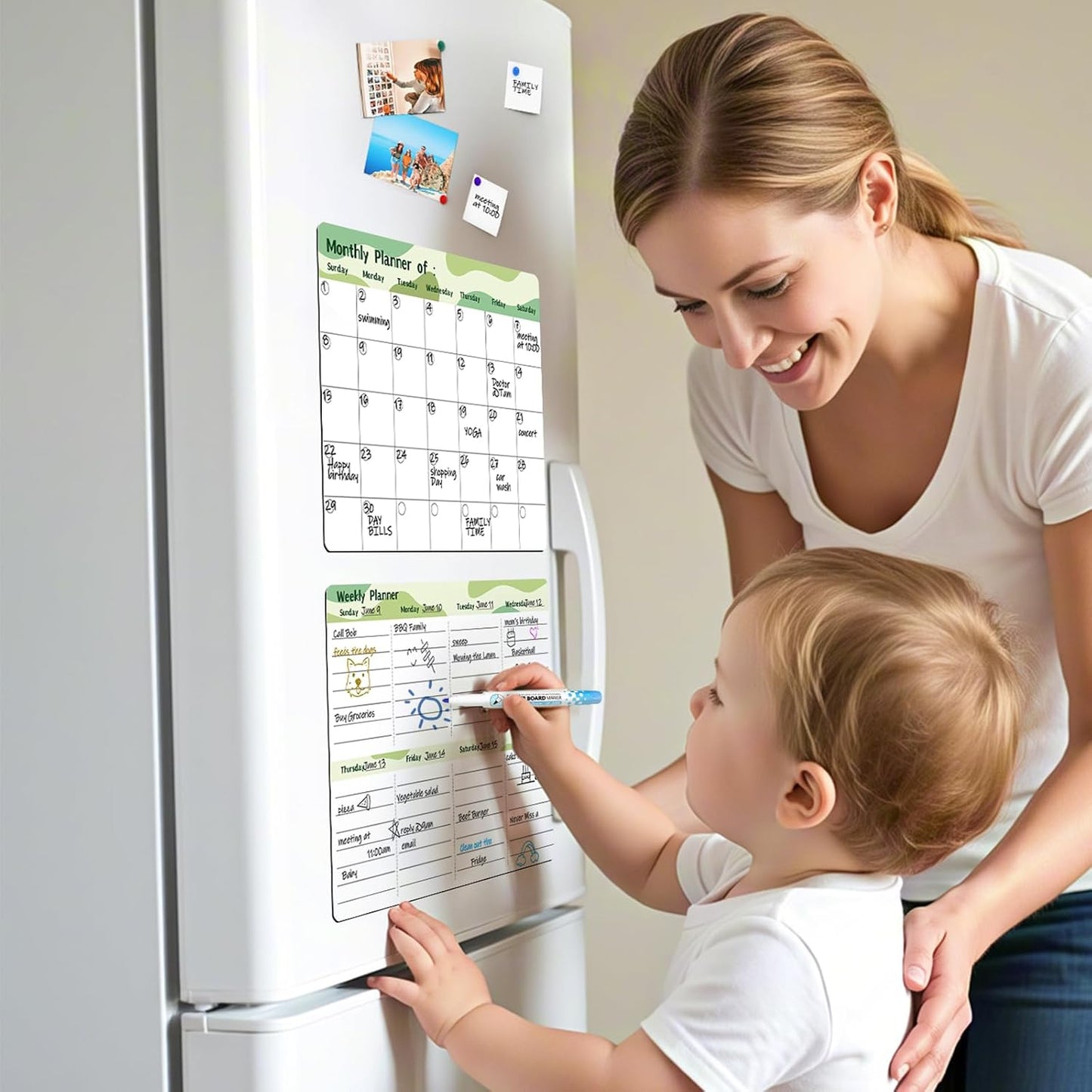 MARSROCK Refrigerator Calendar Magnetic, 16.3x11.7” (4-Pack) – Weekly & Monthly Planner, Chore Chart, Grocery/to-Do List for Fridge, Includes 8 Markers, 6 Magnets & 1 Eraser for Kitchen, Yellow