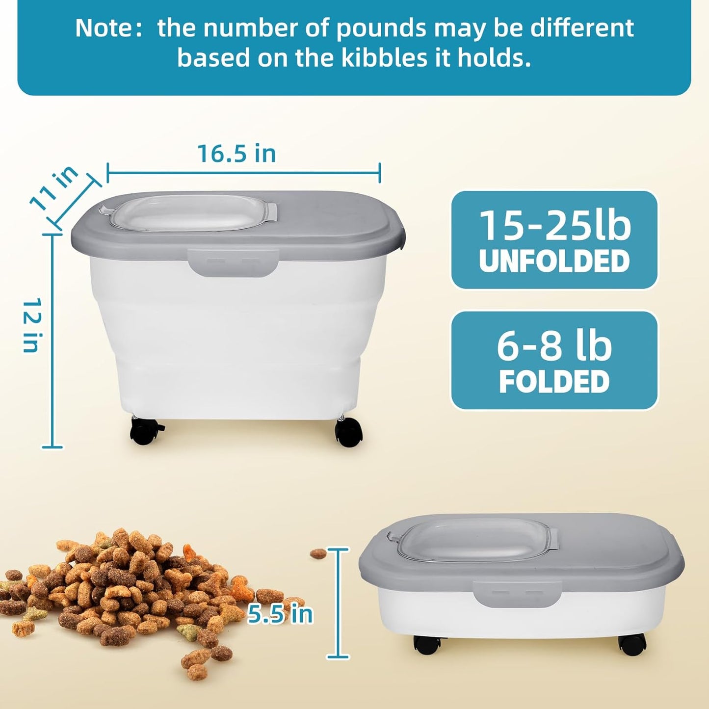 Dog Food Container, Collapsible Pet Food Storage Container 17-20 lb with Rolling Wheels & Airtight Lid, Plastic Storage Bin With Dog Food Scoop and Measuaring Cups