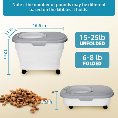 Dog Food Container, Collapsible Pet Food Storage Container 17-20 lb with Rolling Wheels & Airtight Lid, Plastic Storage Bin With Dog Food Scoop and Measuaring Cups