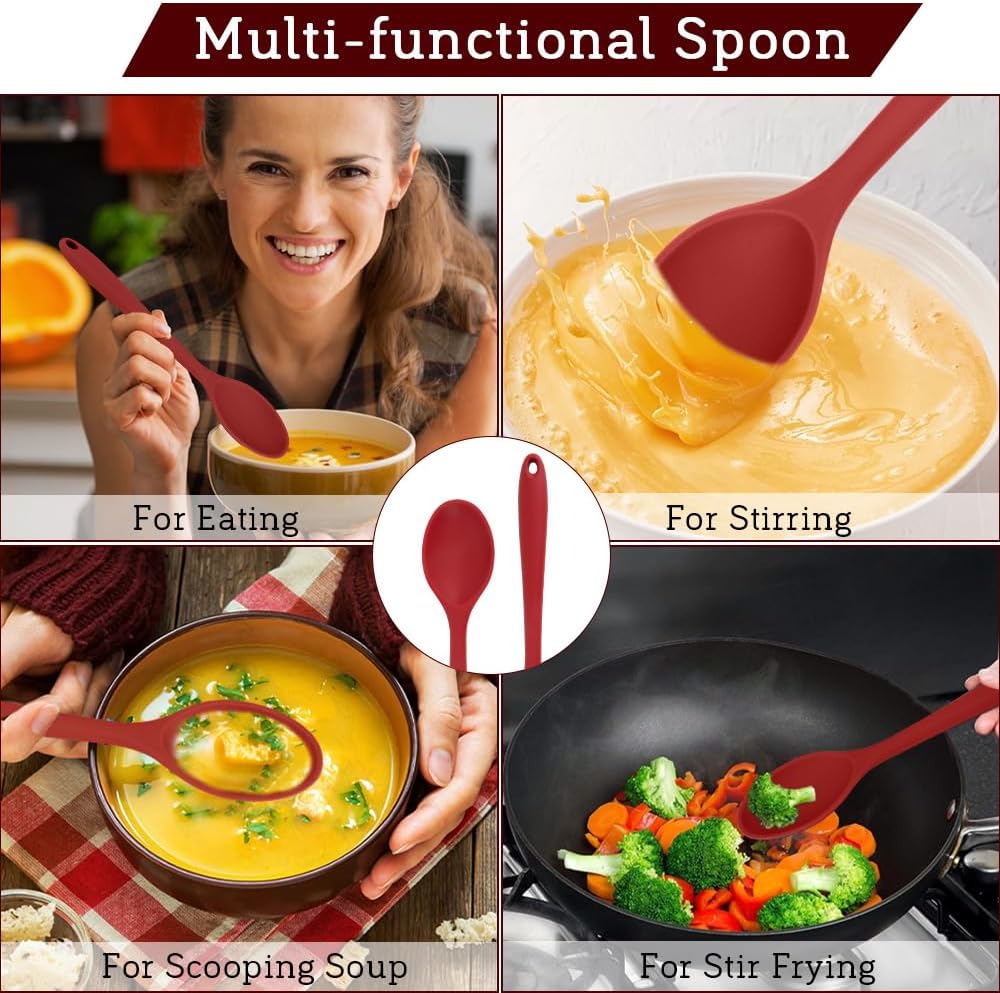 Cooking Spoon 2Pcs 10.8'' Large Serving Spoons Black Heat Resistant Silicone Spoon, Non-Stick Mixing Kitchen Spoons, Premium Silicone Kitchen Utensils for Stirring, Baking & Mixing, Dishwasher Safe