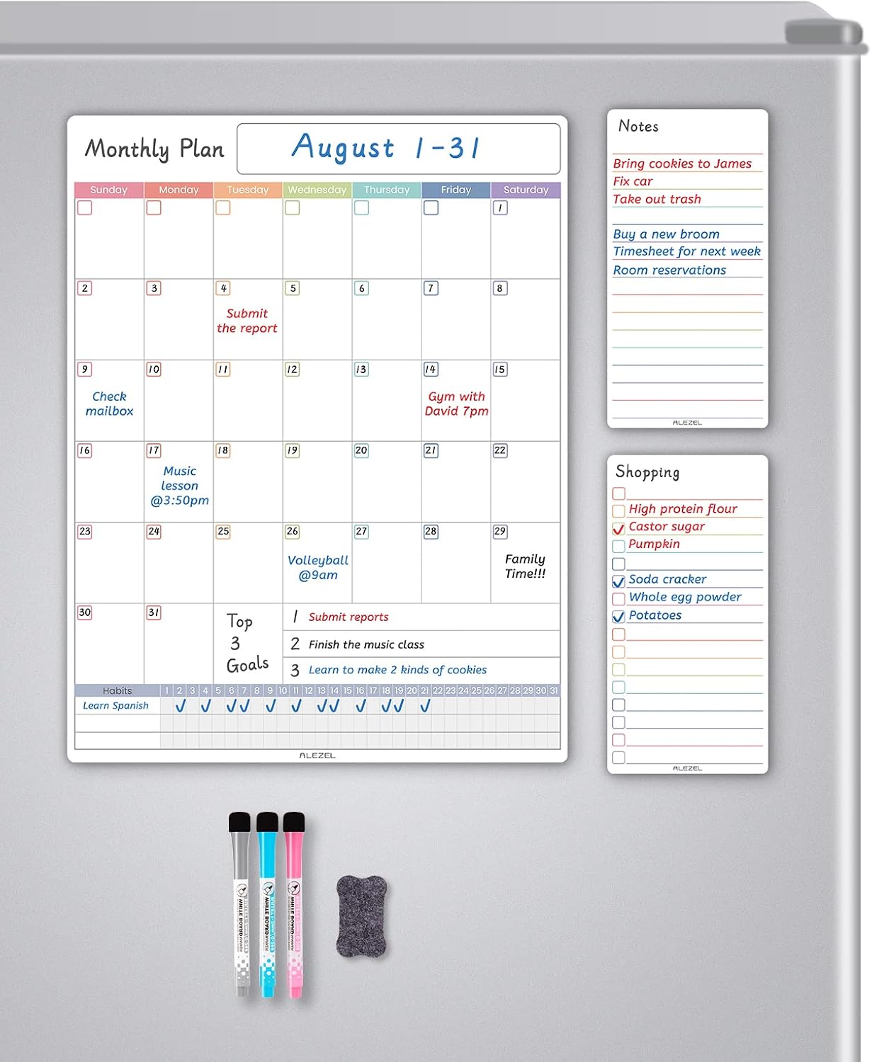 ALEZEL Magnetic Dry Erase Calendar for Fridge, Greenery Monthly Fridge Calendar Whiteboard Set - Vertical Monthly Calendar for Refrigerator, Grocery & to Do List White Board, 3 Markers + Eraser