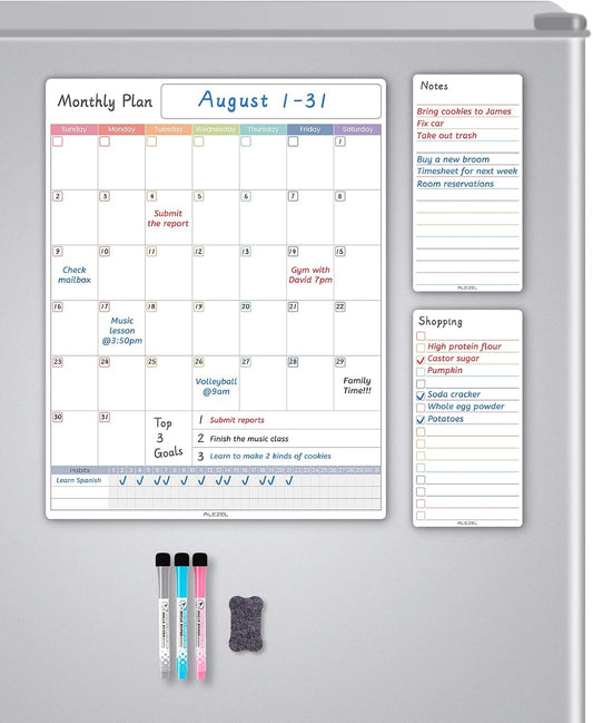 ALEZEL Magnetic Dry Erase Calendar for Fridge, Greenery Monthly Fridge Calendar Whiteboard Set - Vertical Monthly Calendar for Refrigerator, Grocery & to Do List White Board, 3 Markers + Eraser