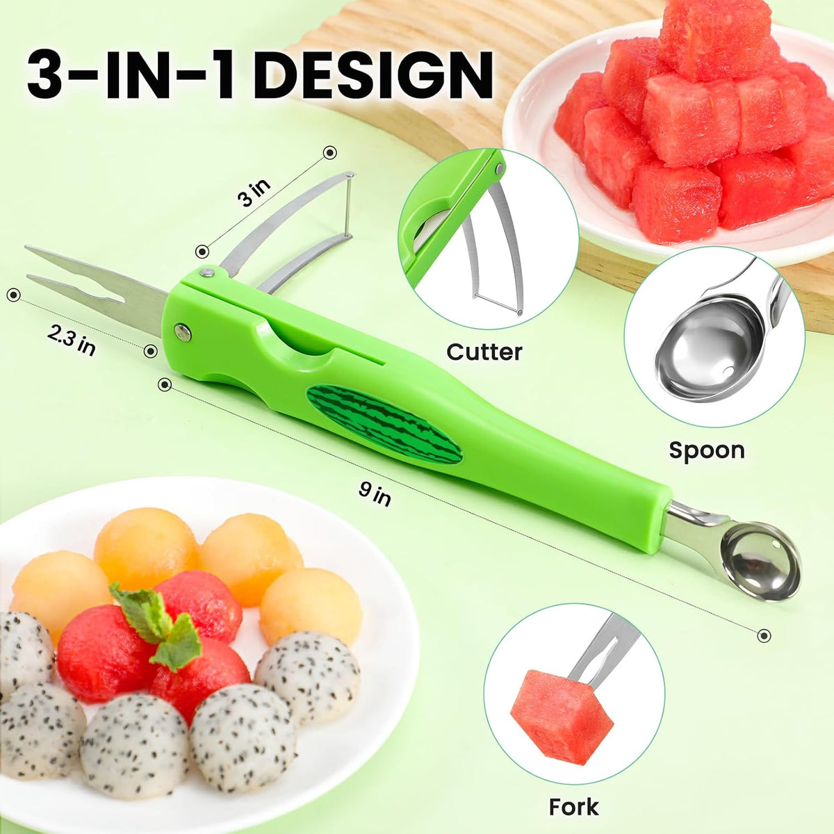 OLESBUR Premium Watermelon Cutter - 3 in 1 Watermelon Cutter Slicer Tool - Foldable Watermelon Slicer - Fruit Cutter for Kitchen Gadgets - Stainless Steel Watermelon Knife - Melon Baller Scoop
