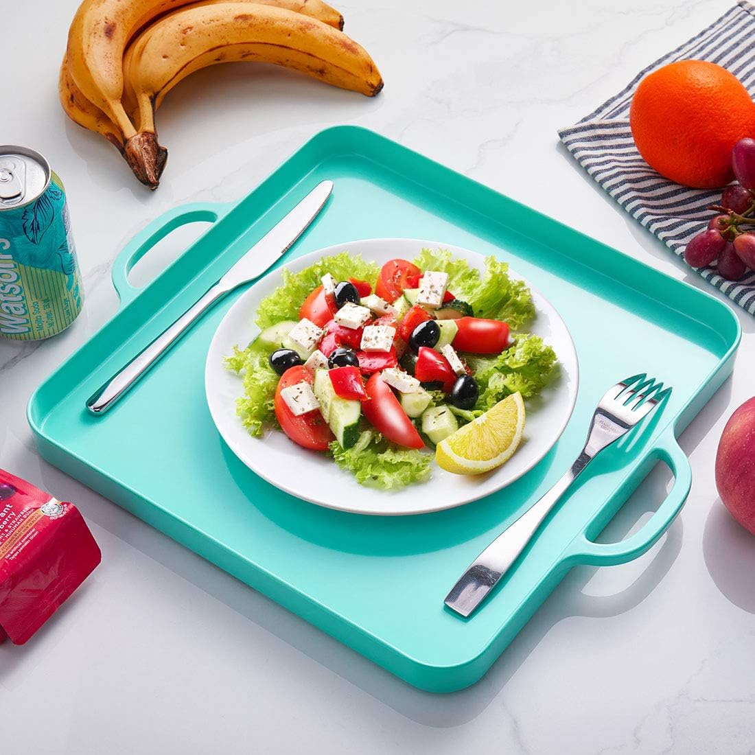 i BKGOO Foodservice Red Plastic Tray with Handle Set of 2 Large Melamine Cube Serving Platters for Parties, Table, Kitchen Size(12.5"x12.5"x1")