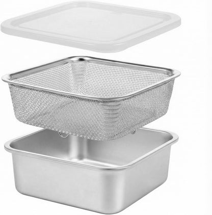 Stainless Steel Colander Set, Square Strainer with Lid for Draining Vegetable Washing Rice, 2 in 1 Strainer Bowl & Food Storage Container Food Preparation Box Bowl (1500ml)