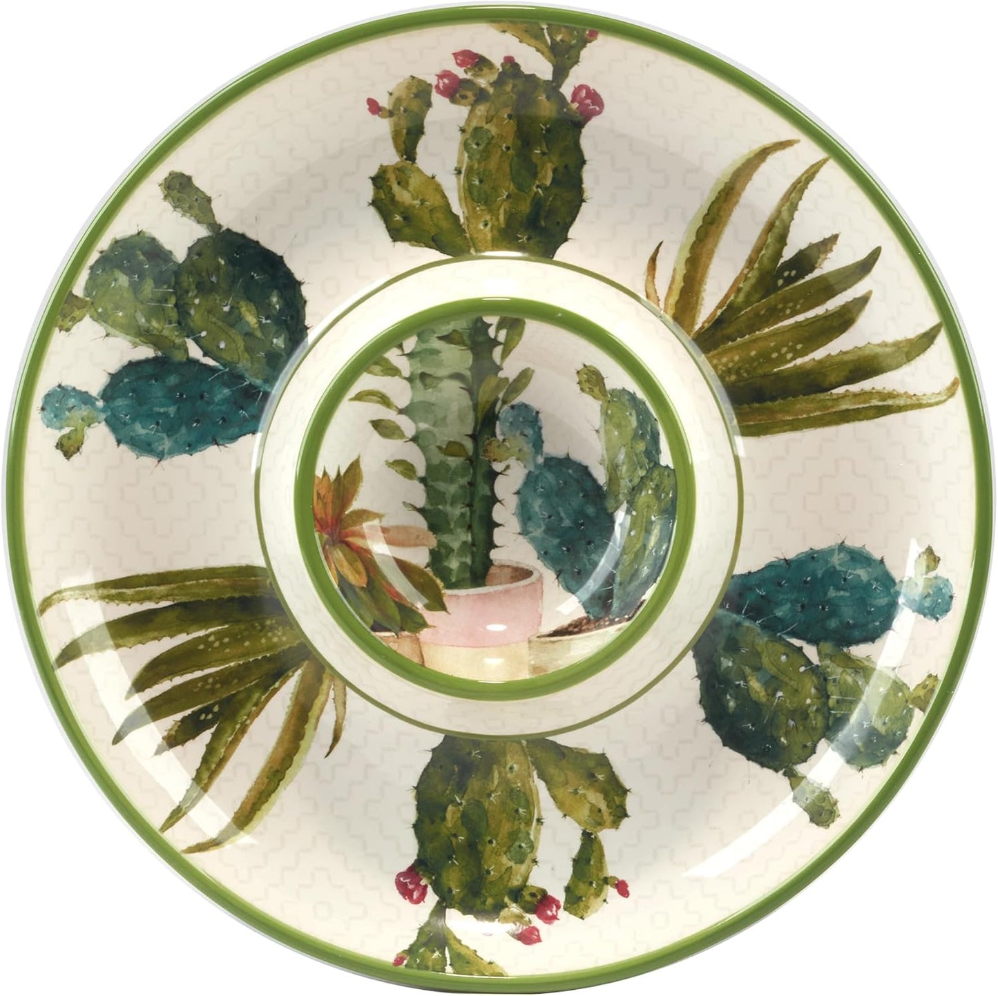 Cactus Verde 13.75" Round Chip and Dip Platter – Durable Ceramic Chip & Salsa Server with Southwestern Cactus Art – Perfect for Outdoor Parties, BBQs, Appetizers, and Entertaining