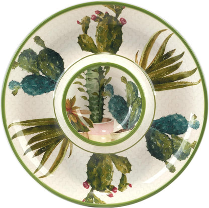 Cactus Verde 13.75" Round Chip and Dip Platter – Durable Ceramic Chip & Salsa Server with Southwestern Cactus Art – Perfect for Outdoor Parties, BBQs, Appetizers, and Entertaining