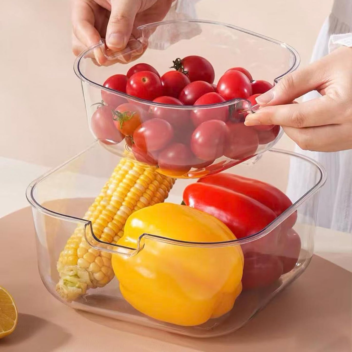 3 Pcs Set Double-Layer Plastic Colander, Large Capacity Food Strainers, Fruits Vegetable Washing Draining Basket, Detachable and Stackable Multi-Layer Strainer Bowl, Easy to Clean for Kitchen (Brown)