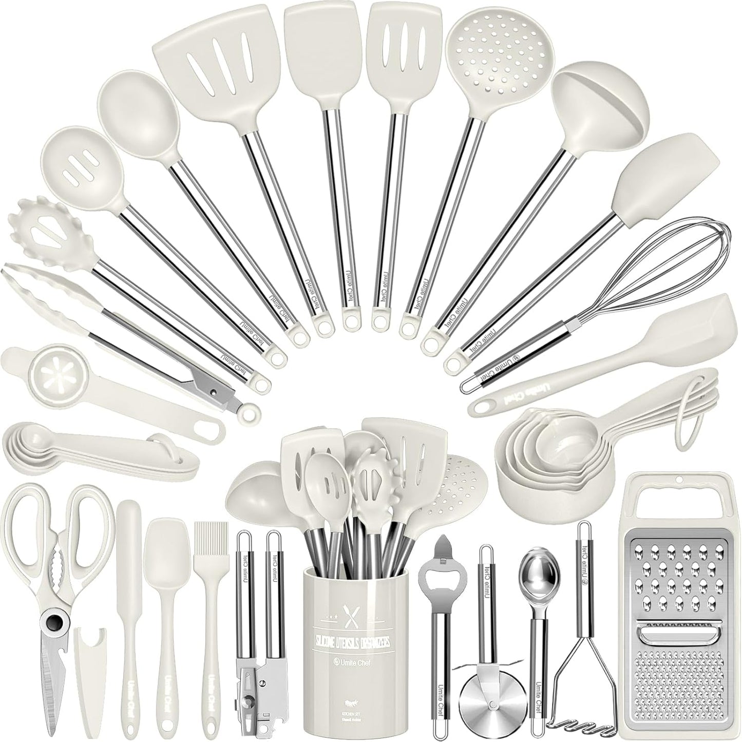 Kitchen Utensils Set- Umite Chef 34 PCs Cooking Utensils with Grater, Spoon Spatula, Heat Resistant Food Grade Silicone, Stainless Steel Handles Kitchen Gadgets Tools Set for Nonstick Cookware(Red)
